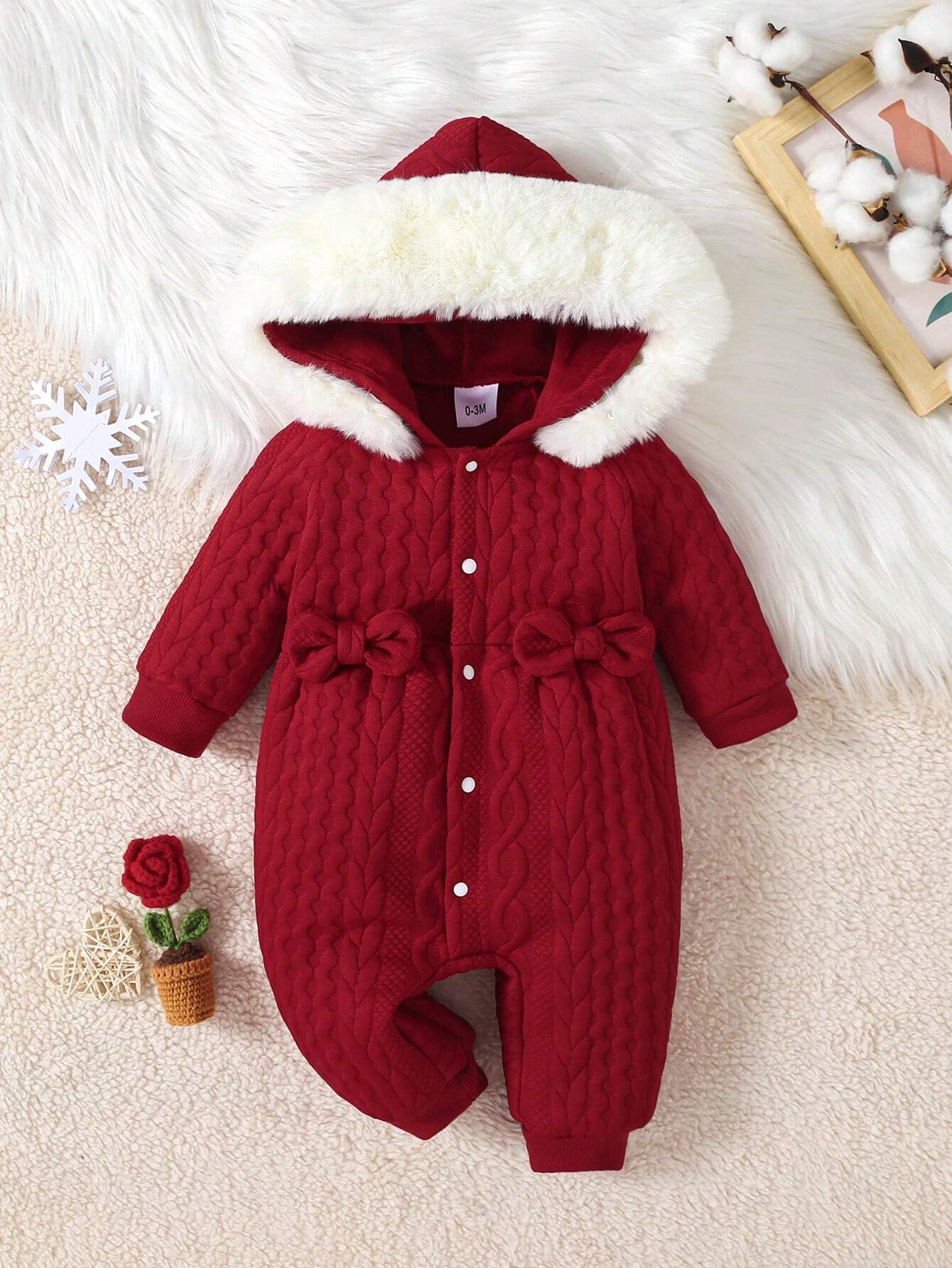 SHEIN Baby Girls' Red Hooded Romper With Bowknot And Front, Winter | Dress | OneHub SHEIN Baby Girls' Red Hooded Romper With Bowknot And Front, Winter | Dress | OneHub