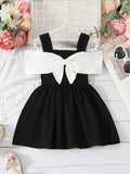 SHEIN Baby Girl's Stylish Color Block Bib Dress, Adorable Elegant Contrast Color Bow Decor, Outdoor Sports Dress, Spring/Summer