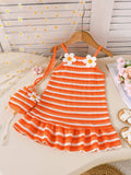 SHEIN Baby Girls' Summer Sleeveless Striped Dress With Embroidery Flower, Sweet Dress With Crossbody Bag