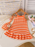 SHEIN Baby Girls' Summer Sleeveless Striped Dress With Embroidery Flower, Sweet Dress With Crossbody Bag