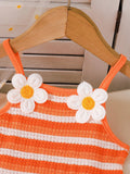 SHEIN Baby Girls' Summer Sleeveless Striped Dress With Embroidery Flower, Sweet Dress With Crossbody Bag