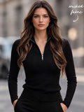 SHEIN Balvessa Women All-Match Commute Casual Slim Fit Ribbed Texture Turtleneck Zipper Long-Sleeved T-Shirt