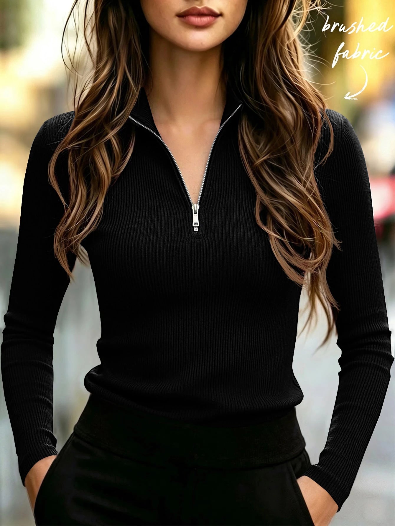 SHEIN Balvessa Women All-Match Commute Casual Slim Fit Ribbed Texture Turtleneck Zipper Long-Sleeved T-Shirt