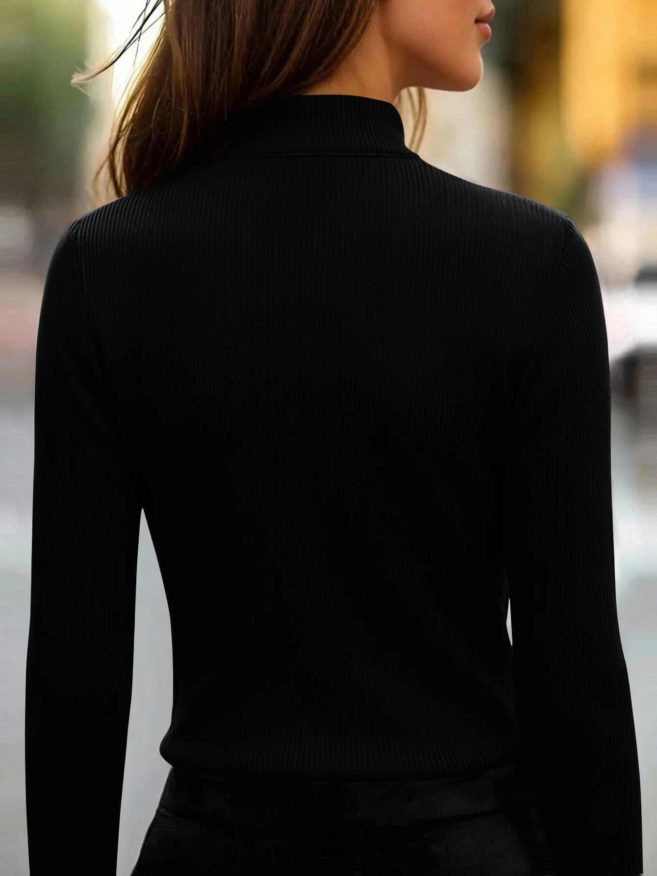 SHEIN Balvessa Women All-Match Commute Casual Slim Fit Ribbed Texture Turtleneck Zipper Long-Sleeved T-Shirt