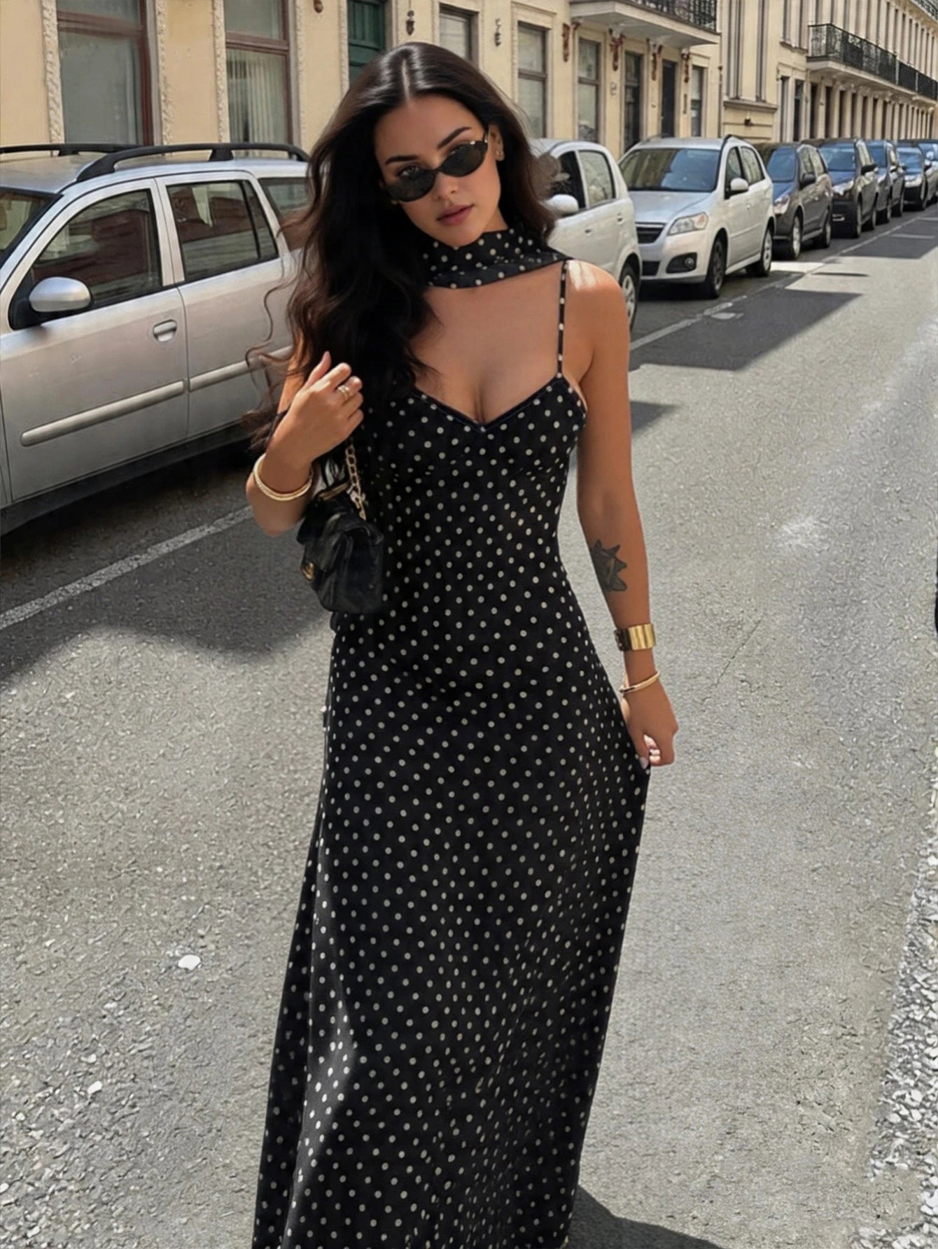 SHEIN Black Polka Dot Maxi Dress, Backless Cami Dress With Choker Scar | Dress