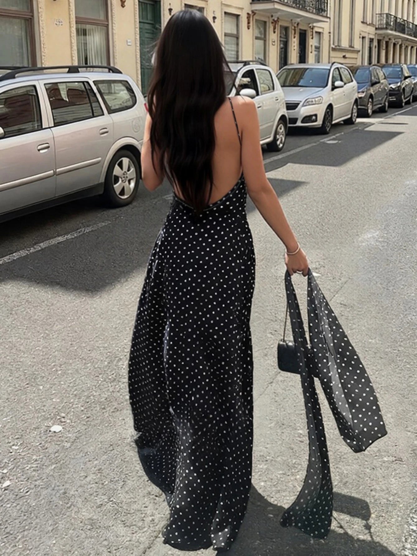 SHEIN Black Polka Dot Maxi Dress, Backless Cami Dress With Choker Scar | Dress