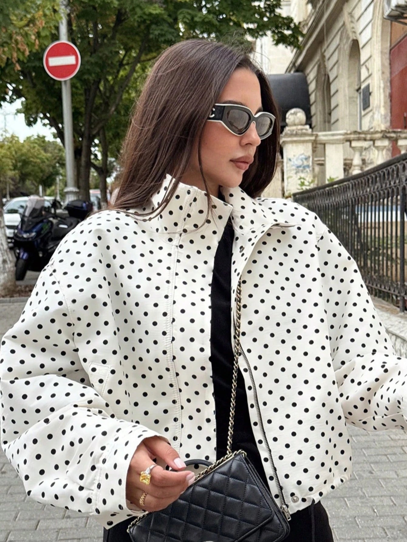 SHEIN Blogger New Autumn Women's Polka Dot Print Drawstring Dropped Shoulder Loose Style Jacket White, Casual Everyday