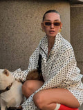 SHEIN Blogger New Autumn Women's Polka Dot Print Drawstring Dropped Shoulder Loose Style Jacket White, Casual Everyday