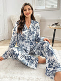  | SHEIN Blue & White Tree Print Lapel Collared Long Sleeve Pajama Set | Night Dress | Shein | OneHub