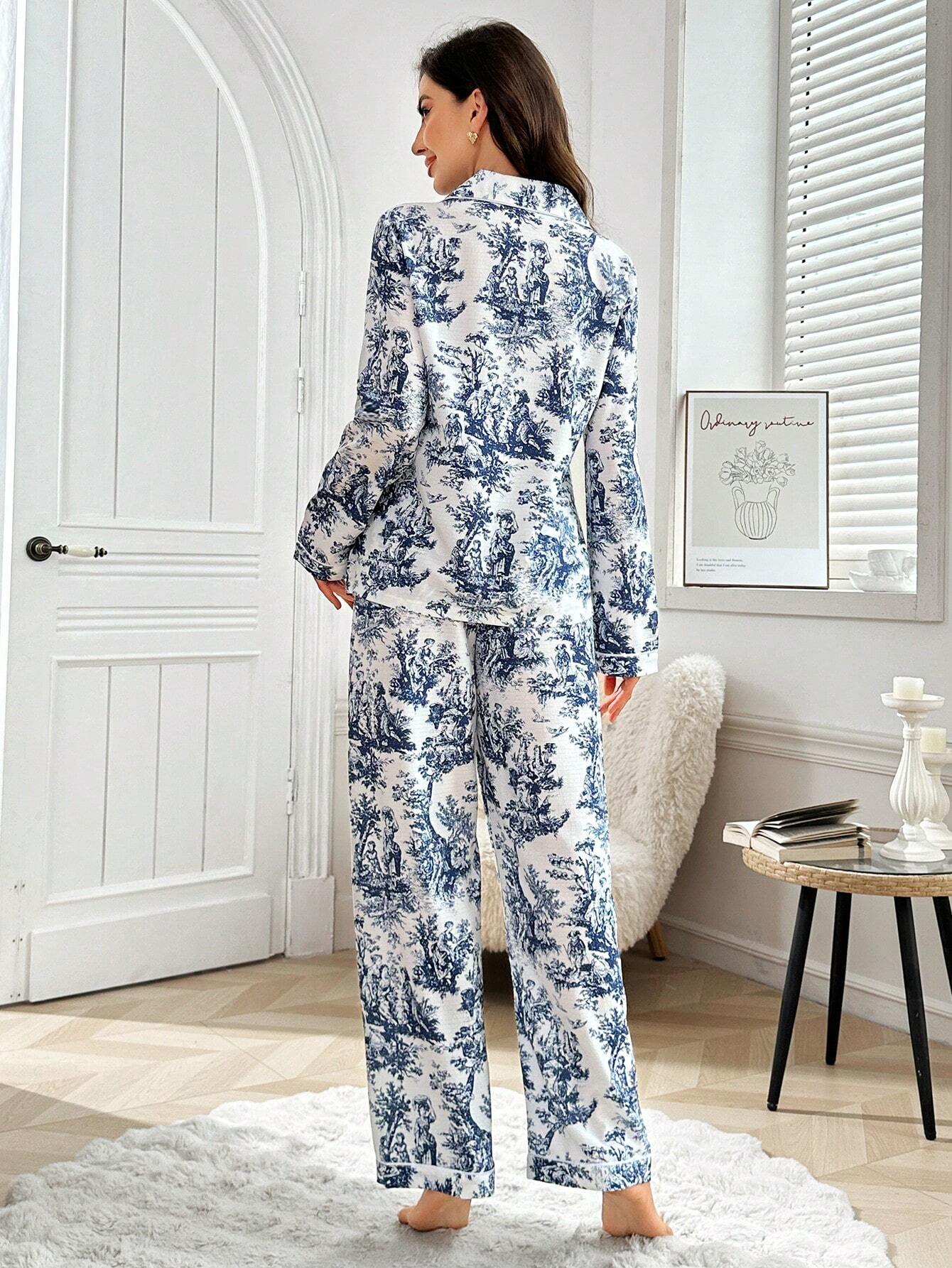  | SHEIN Blue & White Tree Print Lapel Collared Long Sleeve Pajama Set | Night Dress | Shein | OneHub