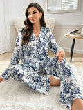  | SHEIN Blue & White Tree Print Lapel Collared Long Sleeve Pajama Set | Night Dress | Shein | OneHub
