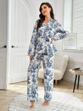  | SHEIN Blue & White Tree Print Lapel Collared Long Sleeve Pajama Set | Night Dress | Shein | OneHub