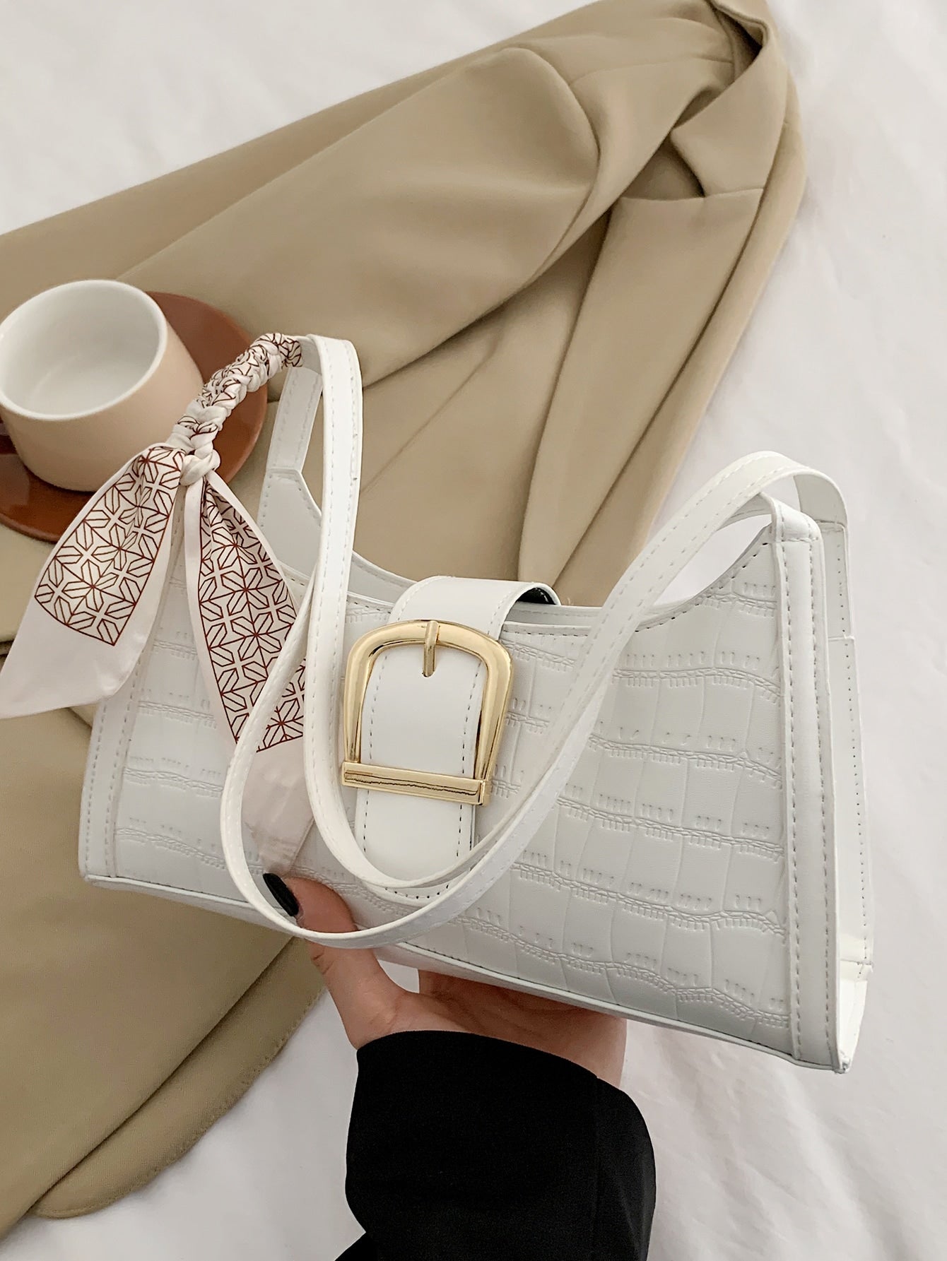  | SHEIN Bow Decor White Alligator Pattern Silk Scarf Decorated Armpit Bag | Bags | Shein | OneHub