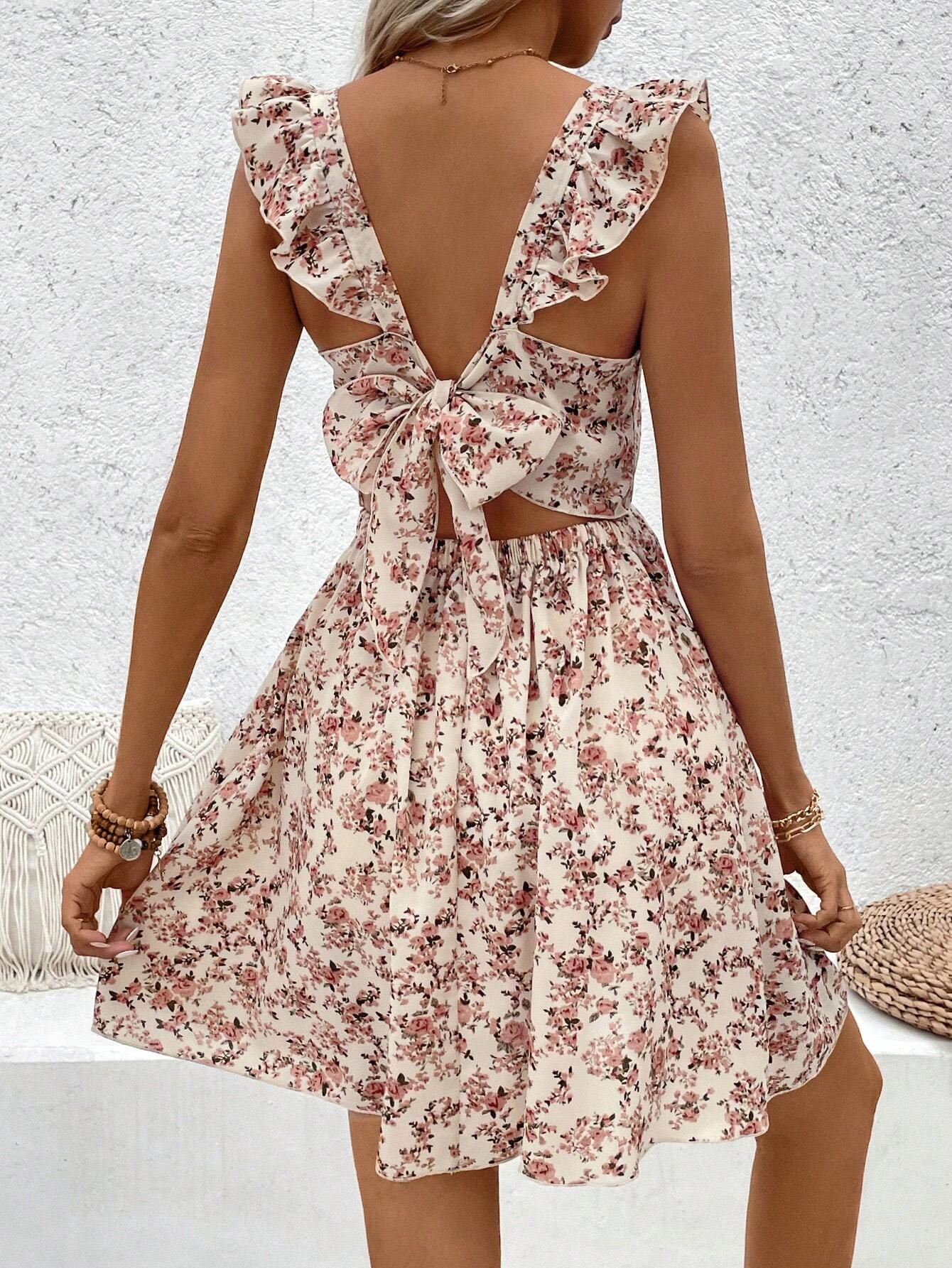 SHEIN Breezaya Floral Printed Hollow Out Hem Ruffle Trim Decorated Dress Vacation Beach Outfits Women