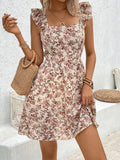 SHEIN Breezaya Floral Printed Hollow Out Hem Ruffle Trim Decorated Dress Vacation Beach Outfits Women