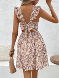 SHEIN Breezaya Floral Printed Hollow Out Hem Ruffle Trim Decorated Dress Vacation Beach Outfits Women