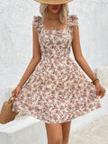 SHEIN Breezaya Floral Printed Hollow Out Hem Ruffle Trim Decorated Dress Vacation Beach Outfits Women