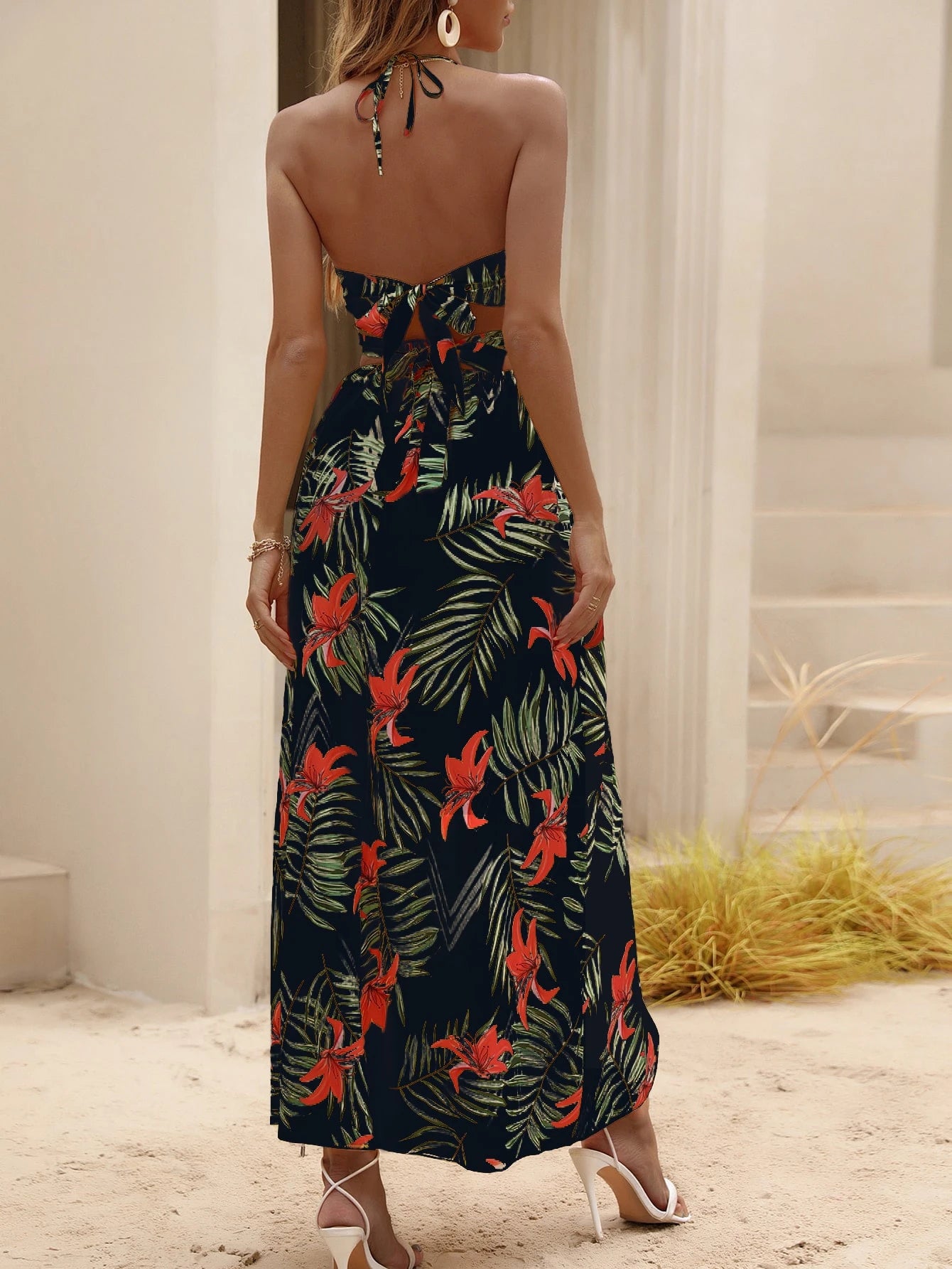 SHEIN Breezaya Tropical Print Backless Knot Halter Neck Slit Thigh Dre | Dress | OneHub SHEIN Breezaya Tropical Print Backless Knot Halter Neck Slit Thigh Dre | Dress | OneHub
