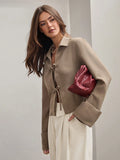 SHEIN COSMINA Women's Plain Khaki Front Tie Long Sleeve Minimalist Business Casual Work Shirt, Casual Daily Wear FAll,Long Sleeve Tops