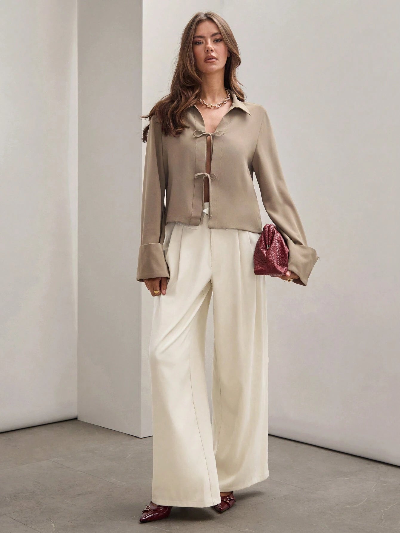  | SHEIN COSMINA Women's Plain Khaki Front Tie Long Sleeve Minimalist Business Casual Work Shirt, Casual Daily Wear FAll,Long Sleeve Tops | T-shirt | Shein | OneHub