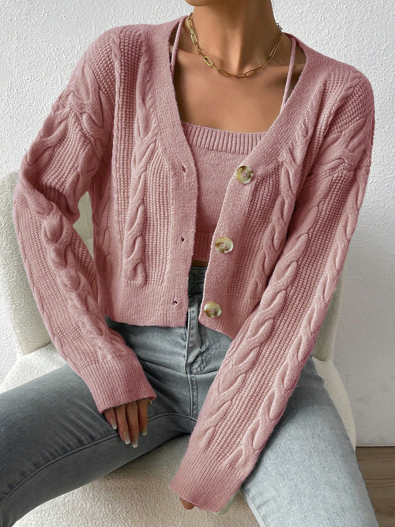  | SHEIN Cable Knit Drop Shoulder Cardigan & Cami Knit Top | Sweater | Shein | OneHub