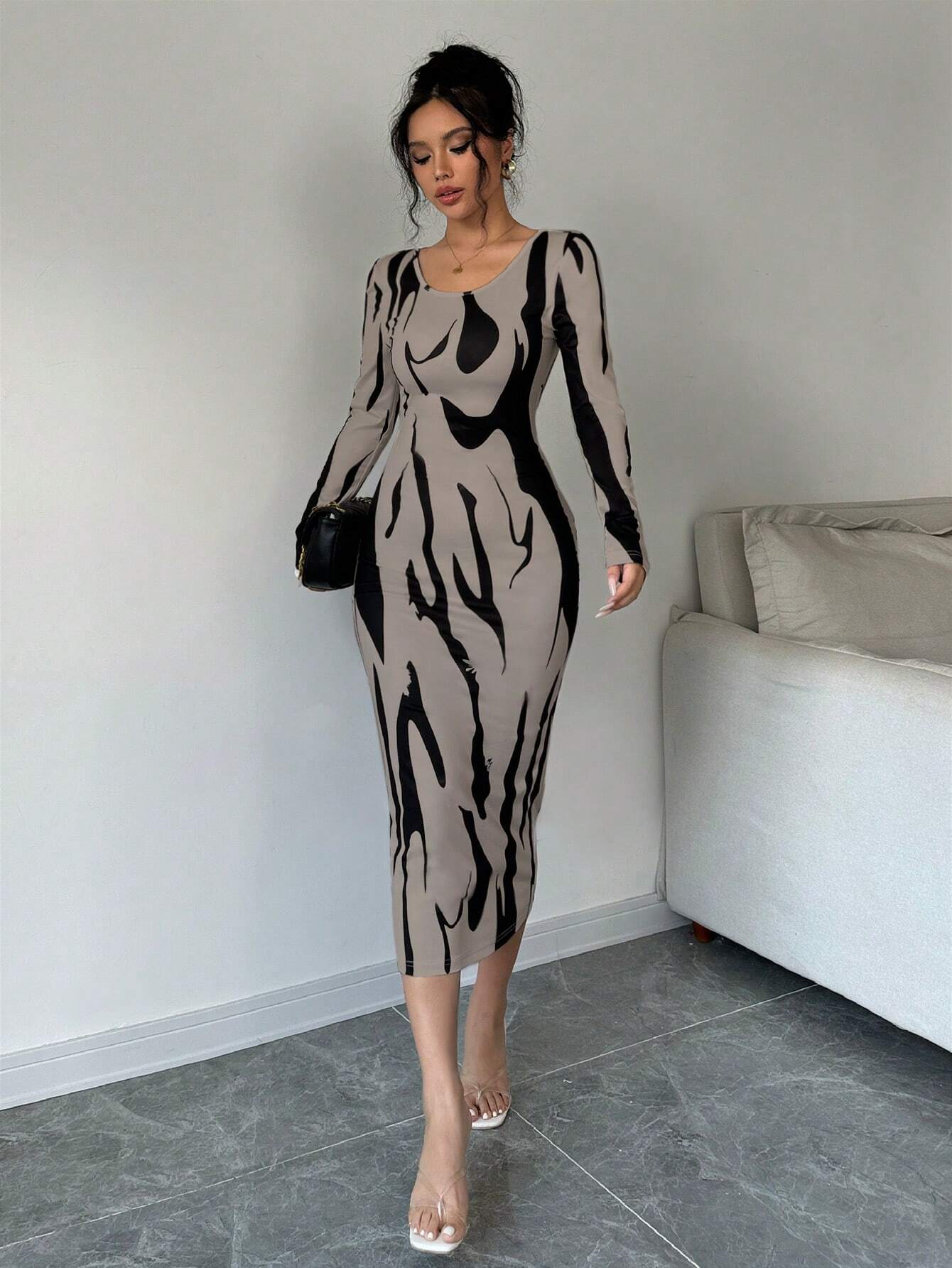 shein long sleeve midi dress SHEIN CURVE+ Plus Size Vintage Long Sleeve Ruched Floral Print Midi Dress Fall