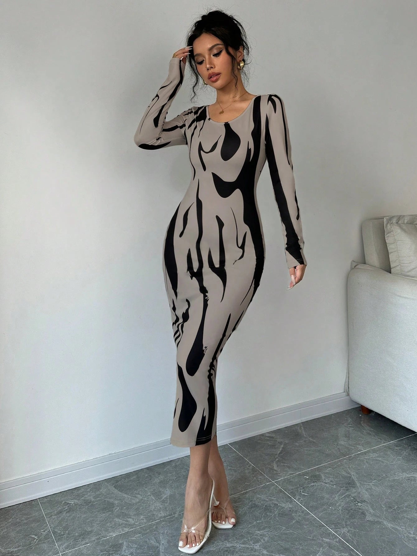 SHEIN Calvaya Asymmetrical Print Long Sleeve Round Neck Midi Bodycon D | Dress | OneHub SHEIN Calvaya Asymmetrical Print Long Sleeve Round Neck Midi Bodycon D | Dress | OneHub