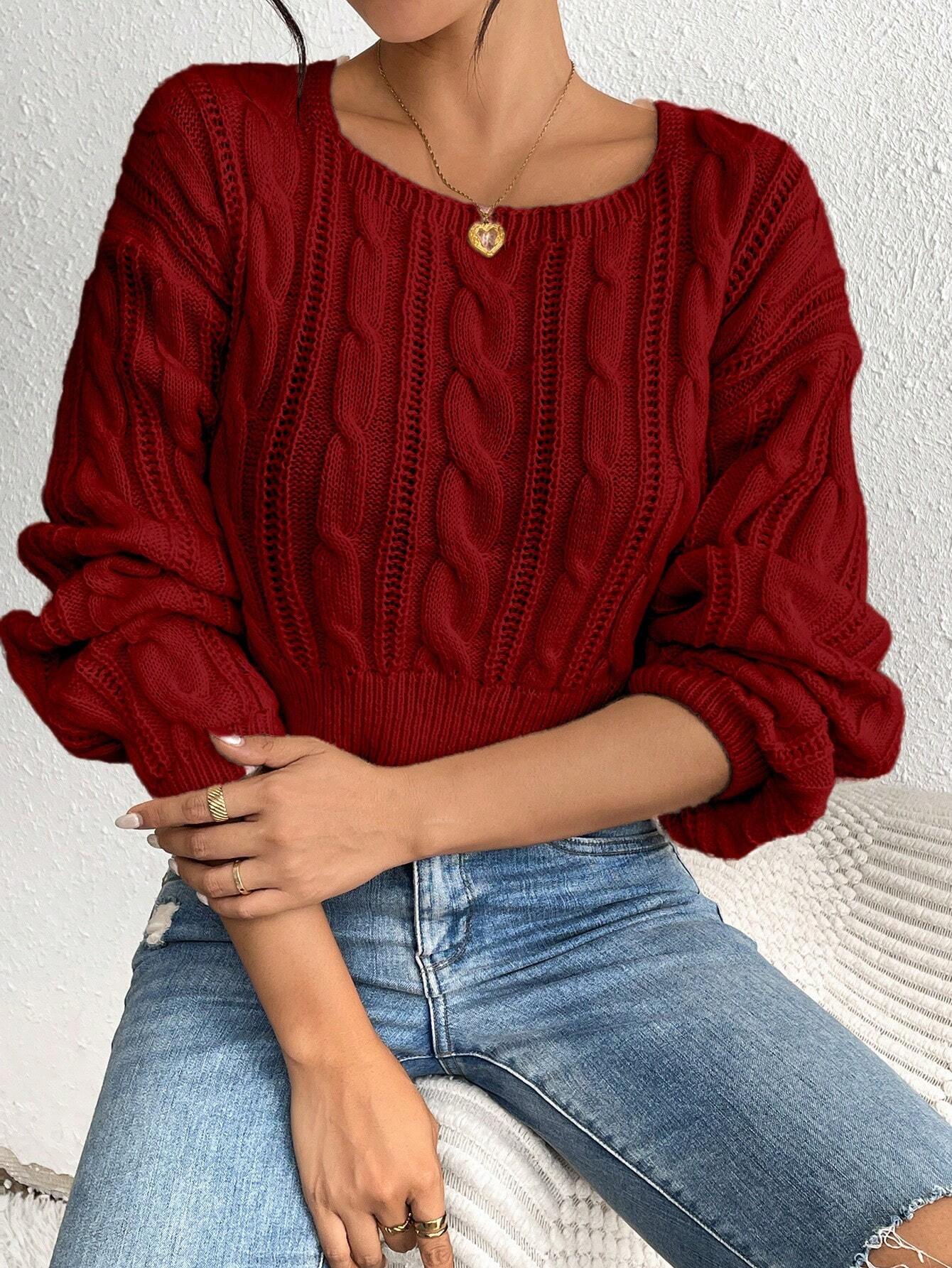 SHEIN Calvaya Short Crew Neck Solid Color Knit Sweater For Spring/Autumn,Long Sleeve Tops