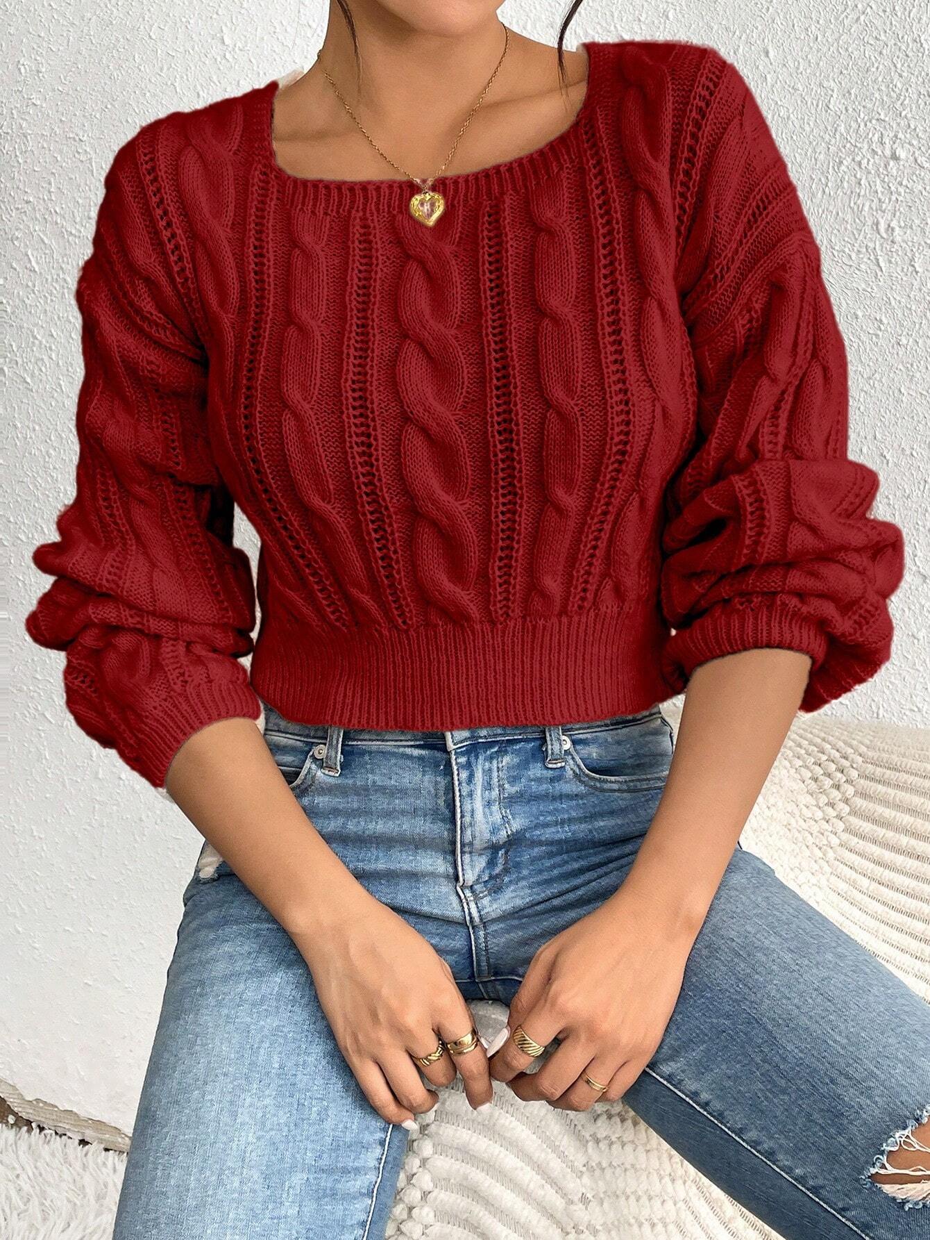 SHEIN Calvaya Short Crew Neck Solid Color Knit Sweater For Spring/Autumn,Long Sleeve Tops