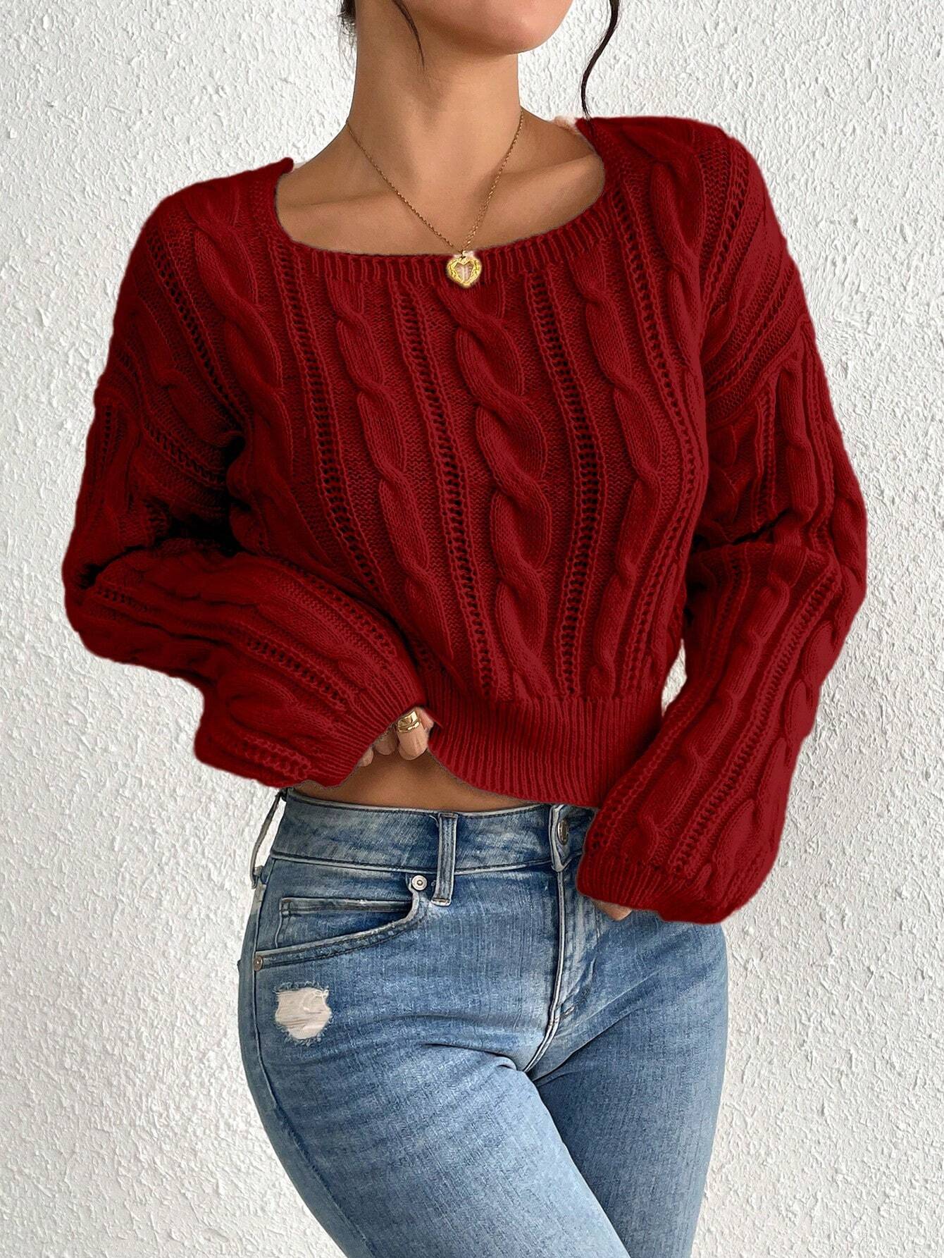 SHEIN Calvaya Short Crew Neck Solid Color Knit Sweater For Spring/Autumn,Long Sleeve Tops