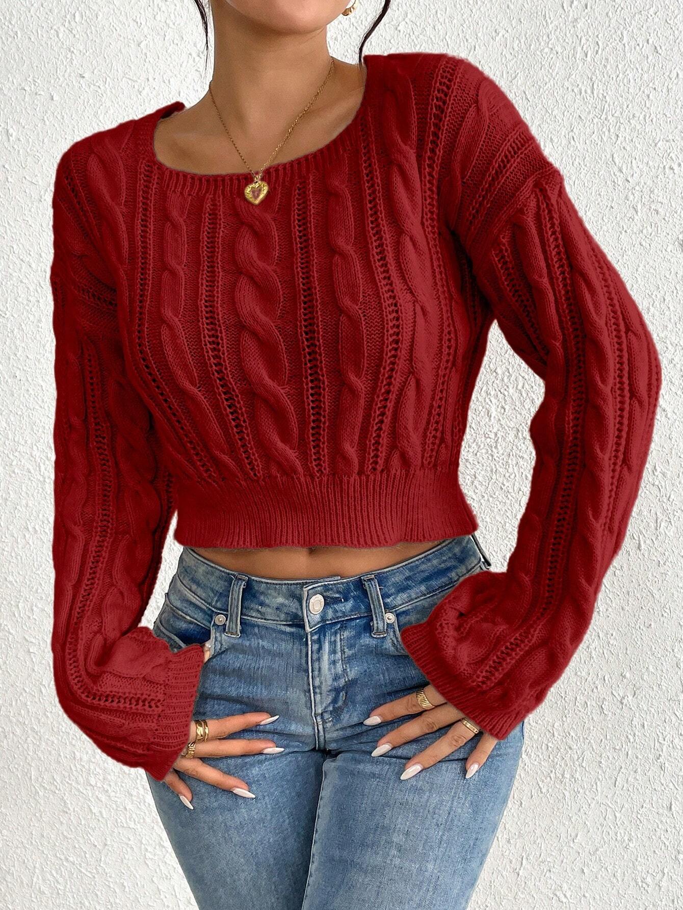 SHEIN Calvaya Short Crew Neck Solid Color Knit Sweater For Spring/Autumn,Long Sleeve Tops