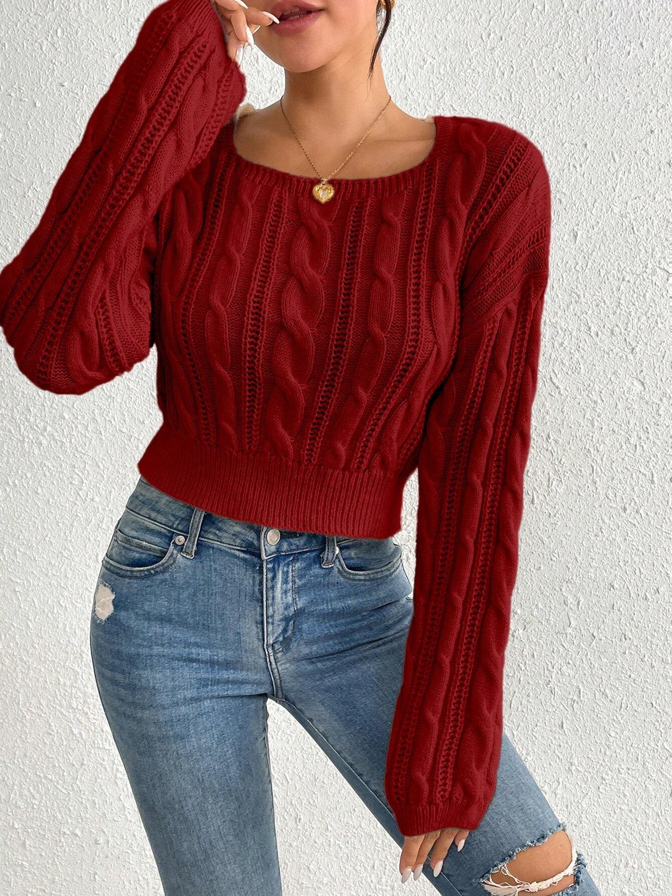 SHEIN Calvaya Short Crew Neck Solid Color Knit Sweater For Spring/Autumn,Long Sleeve Tops