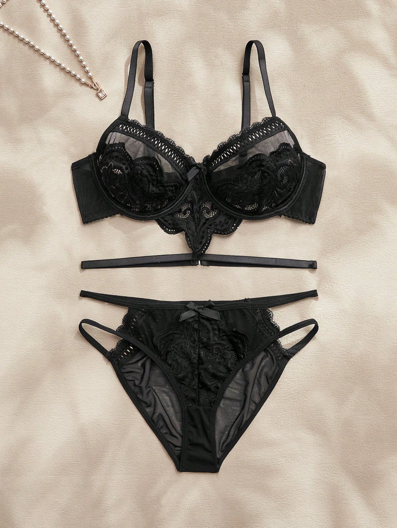 SHEIN Charlaine 2pcs Black Lace Floral Embroidery Elegant Sexy Lingerie Set