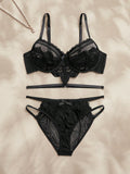 SHEIN Charlaine 2pcs Black Lace Floral Embroidery Elegant Sexy Lingerie Set