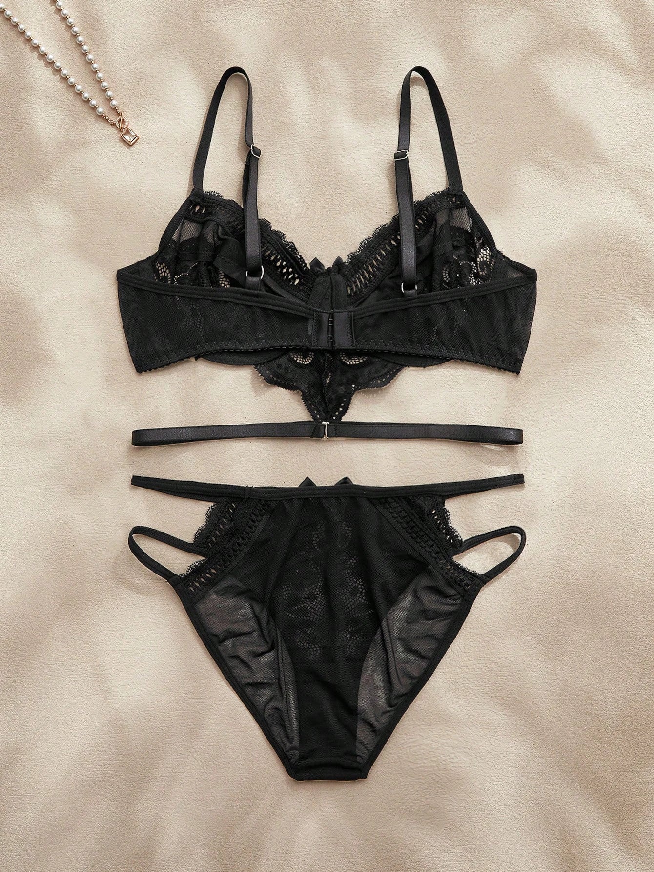 SHEIN Charlaine 2pcs Black Lace Floral Embroidery Elegant Sexy Lingerie Set