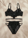 SHEIN Charlaine 2pcs Black Lace Floral Embroidery Elegant Sexy Lingerie Set