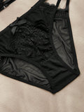 SHEIN Charlaine 2pcs Black Lace Floral Embroidery Elegant Sexy Lingerie Set