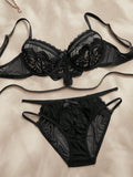 SHEIN Charlaine 2pcs Black Lace Floral Embroidery Elegant Sexy Lingerie Set