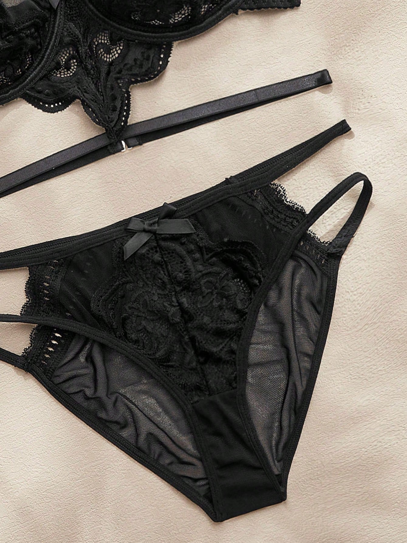 SHEIN Charlaine 2pcs Black Lace Floral Embroidery Elegant Sexy Lingerie Set