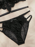 SHEIN Charlaine 2pcs Black Lace Floral Embroidery Elegant Sexy Lingerie Set
