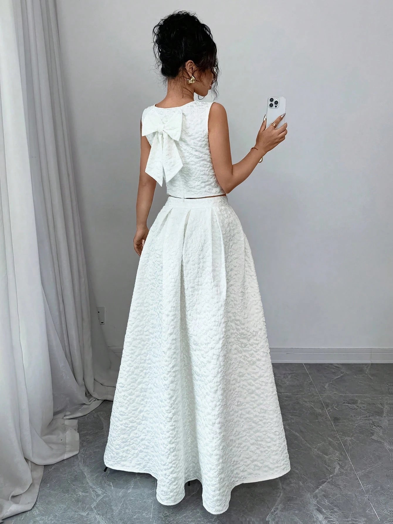  | SHEIN Chiquease Floral Jacquard Textured Back Bow Knot Blouse And A-Line Skirt | Top and Pant Set | Shein | OneHub