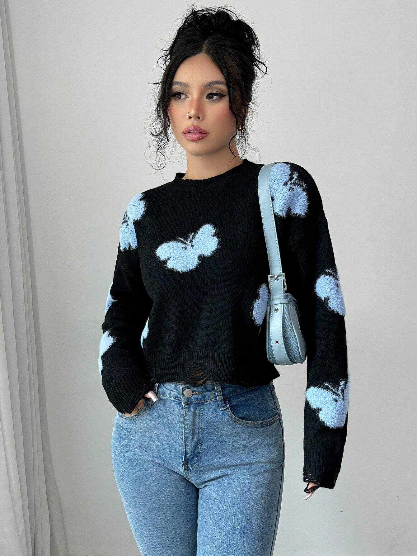 SHEIN Chiquease Women Fashion Cropped Hemline Crew Neck Sweater Knit Pullover Fall Winter Outfit