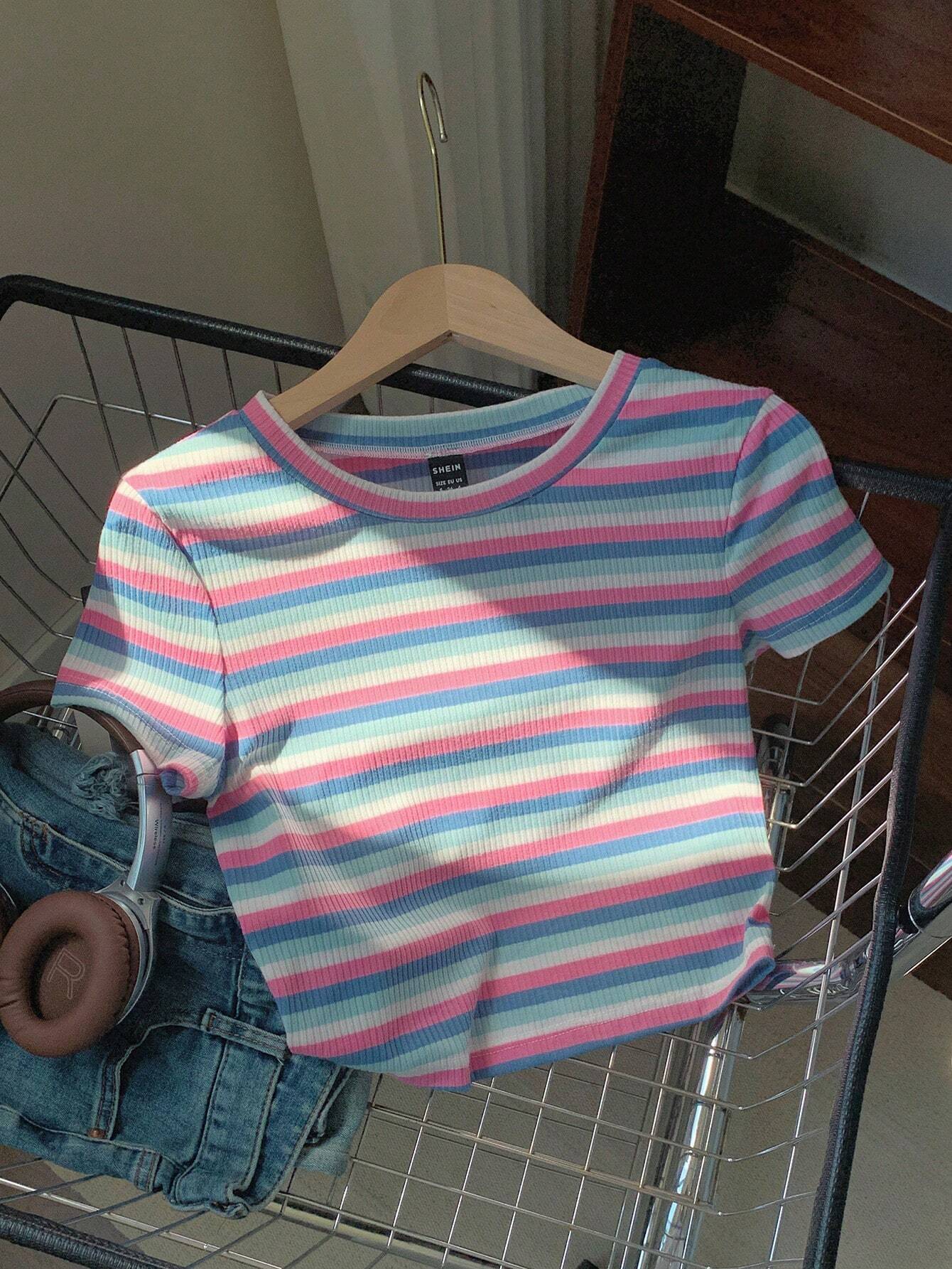  | SHEIN Comfortcana Colorful Striped Knitted Slim Fit Women's T-Shirt | Top | Shein | OneHub