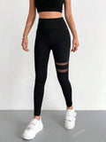 SHEIN Contrast Mesh Solid Skinny Leggings, Elegant High Waist Workout Leggings
