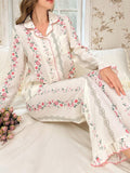 SHEIN CottageSlumber 2pcs/Set Ruffled Collar Open Front Bubble Texture Printed Pajama Set