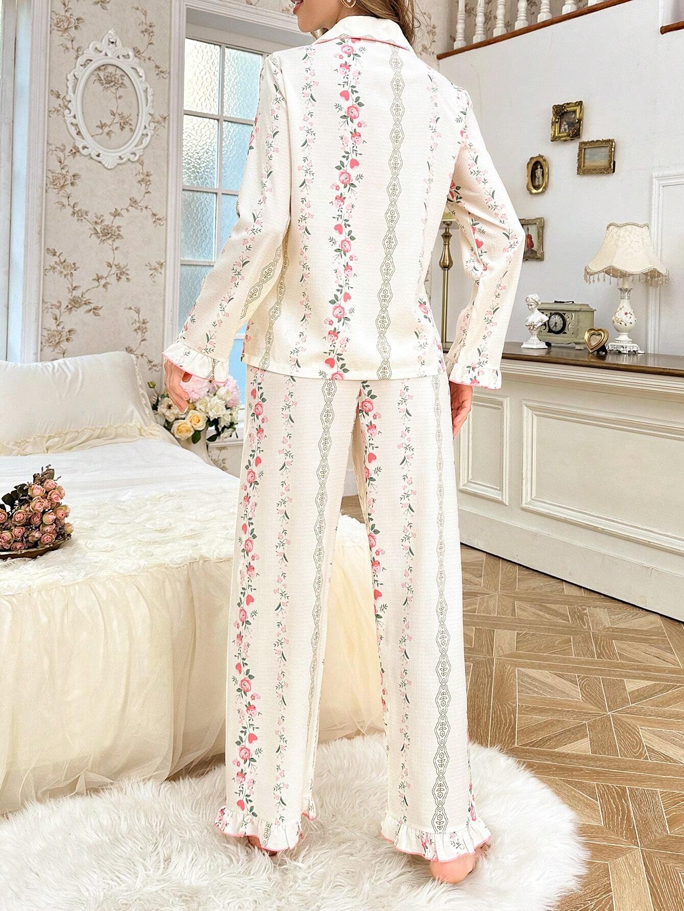  | SHEIN CottageSlumber 2pcs/Set Ruffled Collar Open Front Bubble Texture Printed Pajama Set | Night Dress | Shein | OneHub