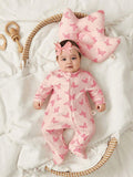 SHEIN Cozy Pixies 2pcs Newborn Baby Girl Butterfly Pattern Knitted Soft Round Neck Long Sleeve Romper With Pants Set And Pillow