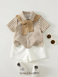 SHEIN Cozy Pixies 3pcs Baby Boy White Summer Casual Carrer Day Back-To-School Striped Short Sleeve Shirt,Cardigan Shawl & Elastic Shorts Set Toddler Boy Linen Clothes