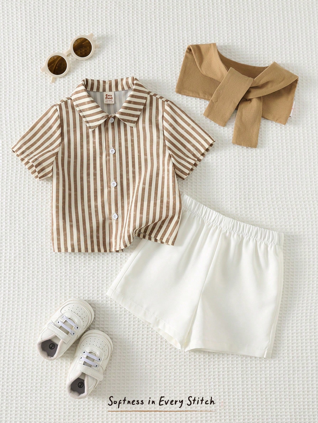 SHEIN Cozy Pixies 3pcs Baby Boy White Summer Casual Carrer Day Back-To-School Striped Short Sleeve Shirt,Cardigan Shawl & Elastic Shorts Set Toddler Boy Linen Clothes