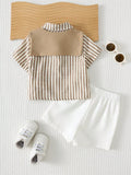SHEIN Cozy Pixies 3pcs Baby Boy White Summer Casual Carrer Day Back-To-School Striped Short Sleeve Shirt,Cardigan Shawl & Elastic Shorts Set Toddler Boy Linen Clothes